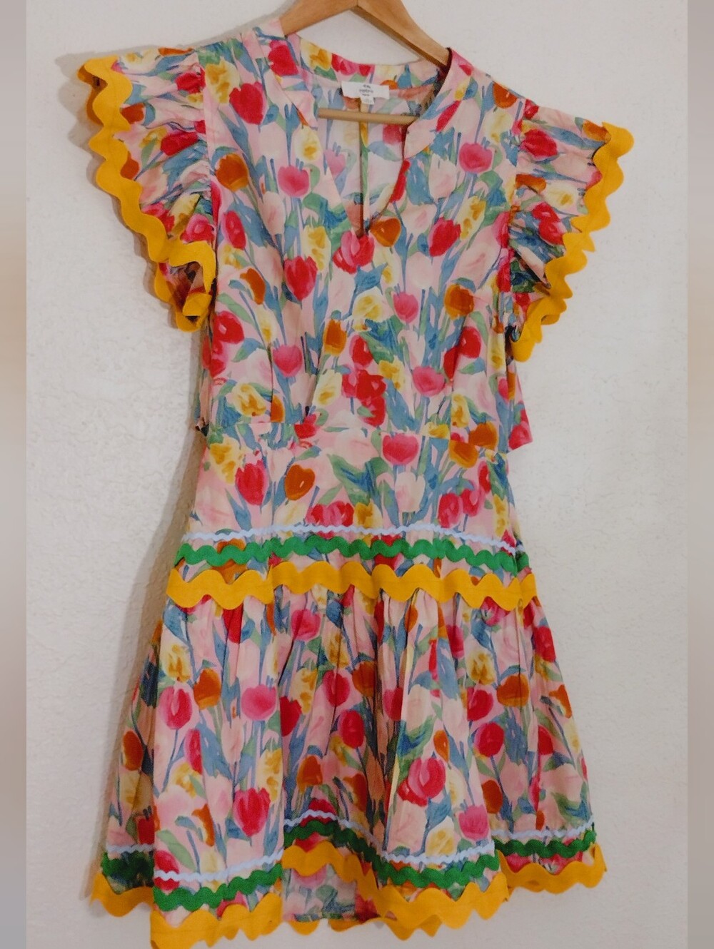 Entro Floral Ric Rac Flutter Sleeve Mini Dress Pink Multi Size M - Picture 6 of 11